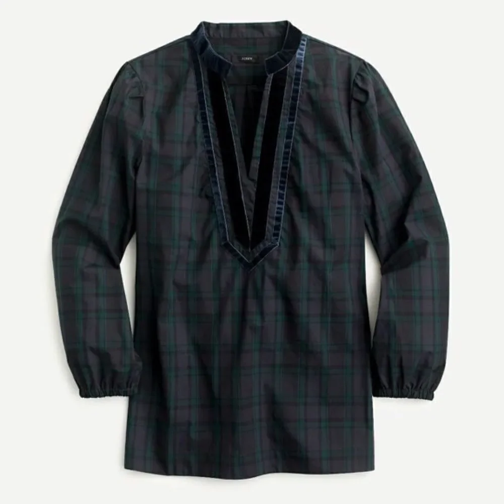 J. Crew Black Watch Tartan Plaid Velvet Trim Tunic Top Shirt XXS Green Navy